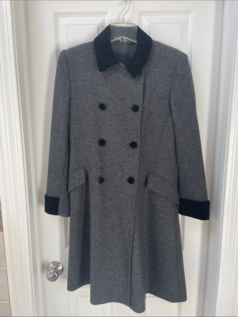 Laura Ashley wool dress coat with velvet trim